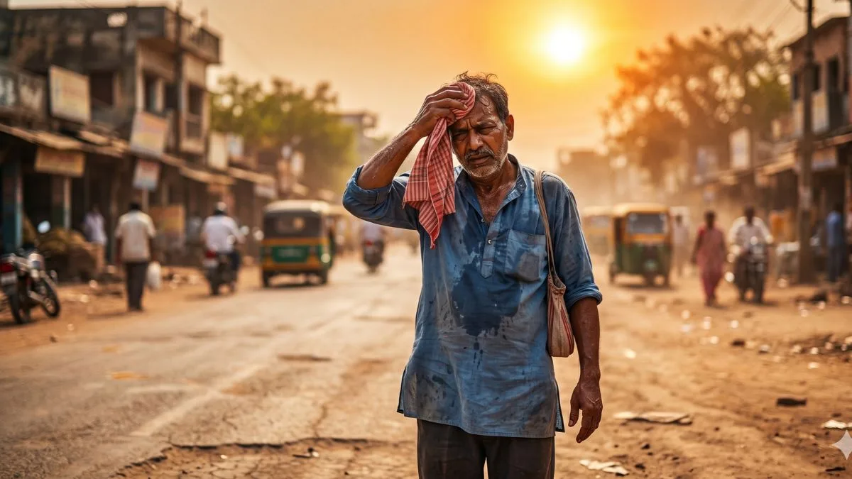 अल नीनो का प्रभाव: चिलचिलाती धूप और भीषण गर्मी (Heatwave) से परेशान, पसीने से लथपथ एक आम आदमी अपना चेहरा गमछे से पोंछते हुए।